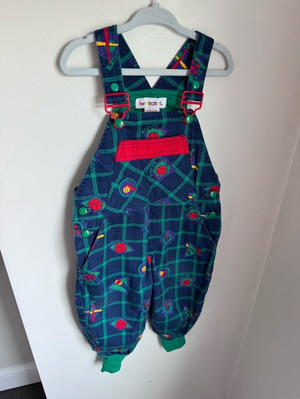 Gymboree Vintage Rainbow Tag Plaid Sports-Print Kids Overalls Size Small - Picture 2 of 8
